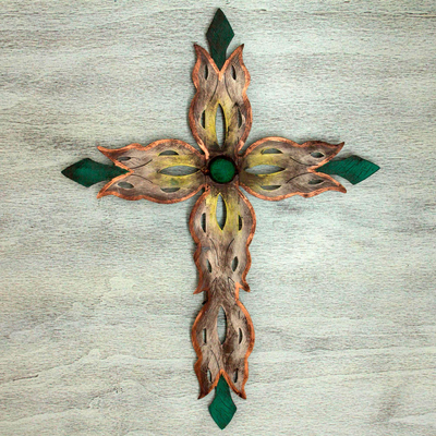 Steel wall art, 'Mission Cross Green' - Handcrafted Religious Steel Christian Cross Wall Sculpture