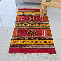 Zapotec wool rug, 'Red Mexican Chrysanthemum' (2.5x5) - Handcrafted Zapotec Wool Accent Area Rug (2.5x5)