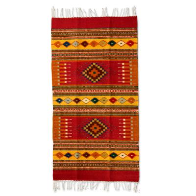 Zapotec wool rug, 'Red Mexican Chrysanthemum' (2.5x5) - Handcrafted Zapotec Wool Accent Area Rug (2.5x5)