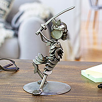 Recycled metal statuette, 'Rustic Samurai II' - Graceful Sword-Wielding Samurai