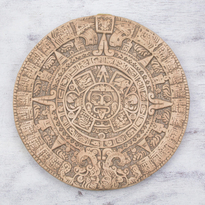 Ceramic plaque, 'Natural Aztec Sun Stone' - Ceramic plaque