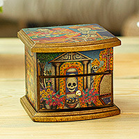 Joyero de decoupage, 'Celebrando el Día de los Muertos' - Exclusivo joyero de madera multicolor decoupage