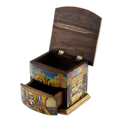 Decoupage Jewellery box, 'Celebrating the Day of the Dead' - Unique Decoupage Multicolor Wood Jewellery Box
