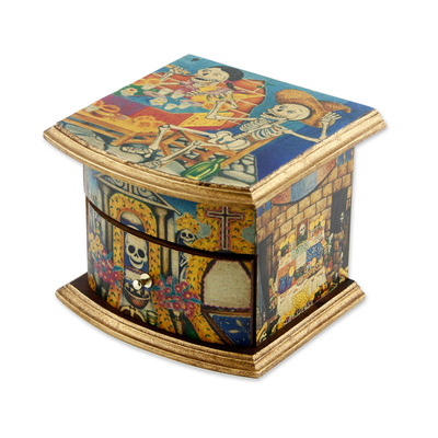Decoupage jewelry box, 'Celebrating the Day of the Dead' - Unique Decoupage Multicolor Wood Jewelry Box