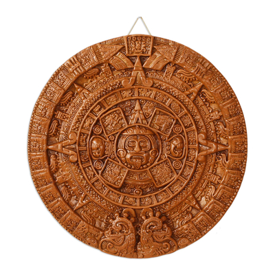 Ceramic plaque, 'Brown Aztec Calendar' - Ceramic plaque