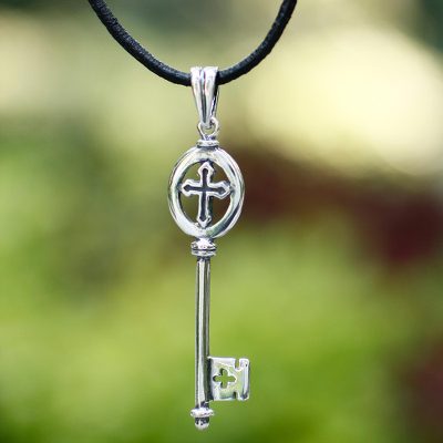 Sterling silver pendant necklace, 'Key to Faith' - Sterling silver pendant necklace