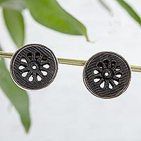Ceramic button earrings, 'Black Mountain' - Ceramic button earrings