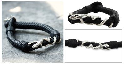Men's sterling silver and leather bracelet, 'Iguana' - Men's Sterling Silver Braided Lizard Bracelet from Mexico