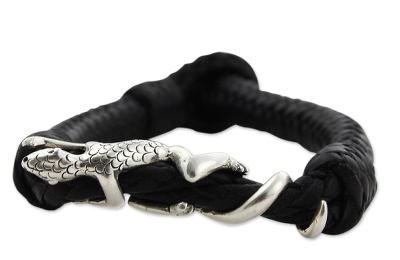 Men's sterling silver and leather bracelet, 'Iguana' - Men's Sterling Silver Braided Lizard Bracelet from Mexico