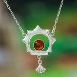Amber pendant necklace, 'Leo Sun' - Unique Sterling Silver Sunshine Necklace with Amber