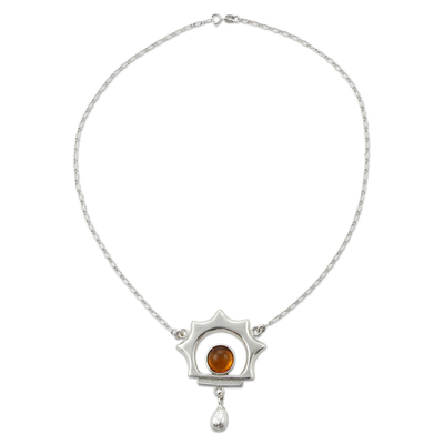 Amber pendant necklace, 'Leo Sun' - Unique Sterling Silver Sunshine Necklace with Amber
