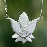 Rainbow moonstone necklace, 'Virgo Lotus' - Mexican Silver and Moonstone Necklace