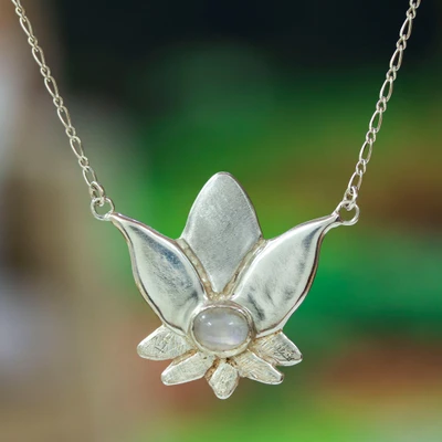 Rainbow moonstone flower necklace, 'Virgo Lotus' - Rainbow moonstone flower necklace