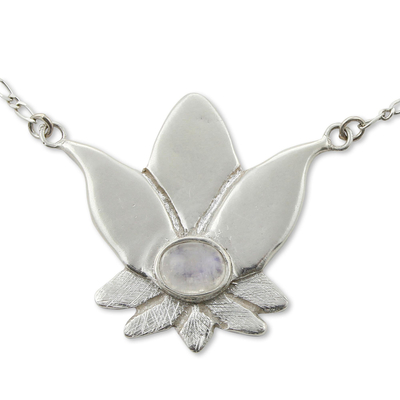 Rainbow moonstone flower necklace, 'Virgo Lotus' - Rainbow moonstone flower necklace