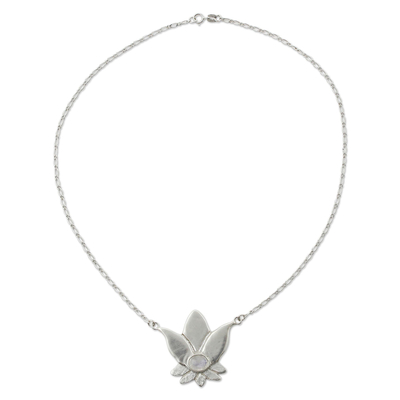 Rainbow moonstone necklace, 'Virgo Lotus' - Rainbow Moonstone Sterling Silver Flower Necklace