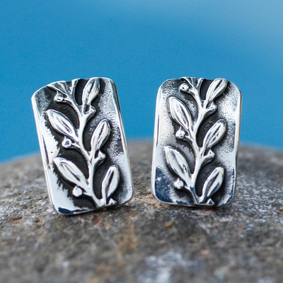 Silver button earrings, 'Tribute to Nature' - Silver button earrings