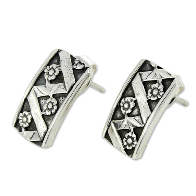 Silver button earrings, 'Blossoming Beauty' - Silver button earrings