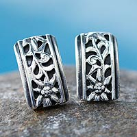 Silver button earrings, 'Taxco Sunflowers'
