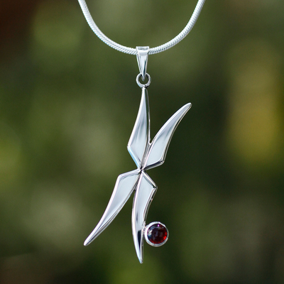 Garnet pendant necklace, 'Fairy Wings' - Garnet pendant necklace