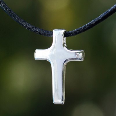 Men's sterling silver cross necklace, 'Light of Faith' - Men's Christian Mexican Silver and Leather Cross Necklace