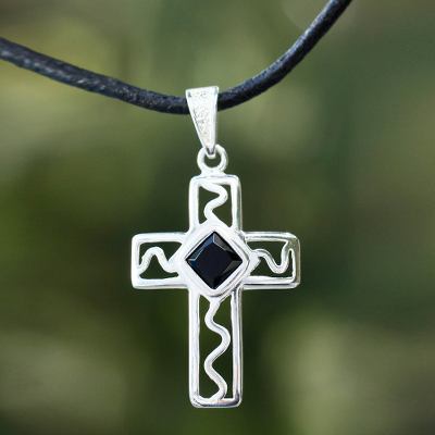 Men's onyx cross necklace, 'My Protector' - Men's Cross Necklace Silver and Onyx on a Leather Cord