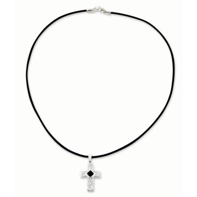 Men's onyx cross necklace, 'My Protector' - Men's Cross Necklace Silver and Onyx on a Leather Cord