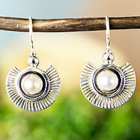 Cultured pearl dangle earrings, 'Teotihuacan Moons' - Unique Pearl and Taxco Silver Earrings from Mexico