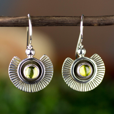Peridot dangle earrings, 'Teotihuacan Suns' - Artisan Crafted Earrings with Peridot and Sterling Silver