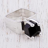 Obsidian solitaire ring, 'Facets' - Taxco Silver Ring with Obsidian