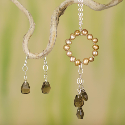 Cultured pearl and smoky quartz jewelry set, 'Waterfall' - Jewelry Set- Pearl and Smoky Quartz Pendant on Silver Chain 