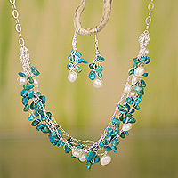 Conjunto de joyas de perlas cultivadas, 'Cancun Muse' - Conjunto de joyas de plata esterlina con perlas y gemas azules