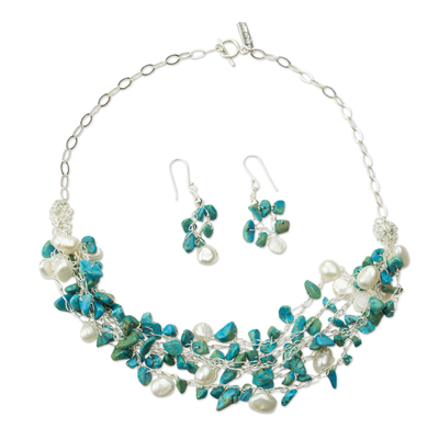 Cultured pearl jewelry set, 'Cancun Muse' - Sterling Silver Jewelry Set with Pearls and Blue Gems