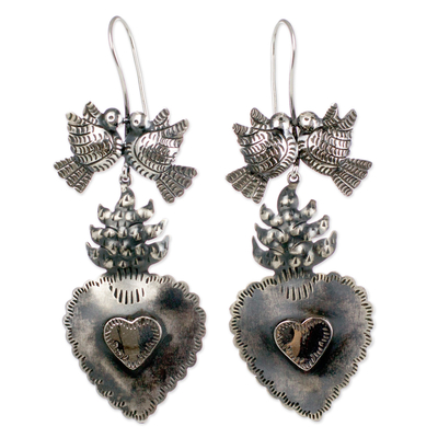 Sterling silver heart earrings, 'Amor Eterno' - Antiqued Sterling Silver Birds and Hearts Earrings