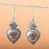 Pendientes de corazón de plata de primera ley - Pendientes artesanales de plata de ley con corazones de cobre