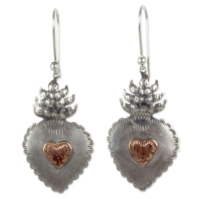 Pendientes de corazón de plata de primera ley - Pendientes artesanales de plata de ley con corazones de cobre