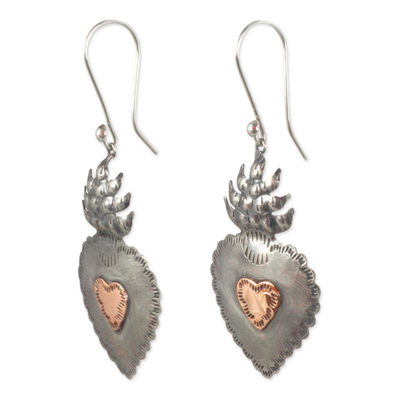 Sterling silver heart earrings, 'My Sweet Hearts' - Sterling Silver Artisan Crafted Earrings with Copper Hearts
