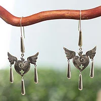 Sterling silver heart earrings, 'Medieval Hearts' - Taxco Sterling Silver Earrings with Hearts and Wings