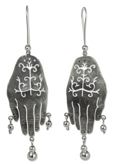 Sterling silver chandelier earrings, 'Protective Hands' - Artisan Crafted Earrings Taxco Sterling Silver Jewelry