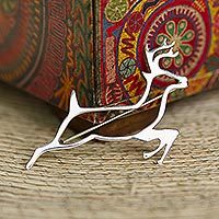 Sterling silver brooch pin, 'Deer Protector' - Sterling Silver Brooch Pin Taxco Artisan Jewelry