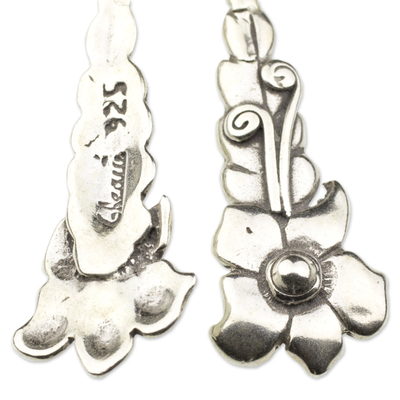 Sterling silver dangle earrings, 'Traditional Blossom' - Rustic Silver Floral Earrings