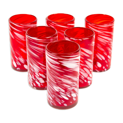 Blown glass tumblers, 'Festive Red' (set of 6) - Set of 6 Red Artisan Crafted Hand Blown Glasses