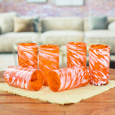 Blown glass tumblers, 'Festive Orange' (set of 6) - Set of 6 Orange Artisan Crafted Hand Blown Glasses