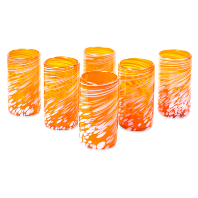Blown glass tumblers, 'Festive Orange' (set of 6) - Set of 6 Orange Artisan Crafted Hand Blown Glasses