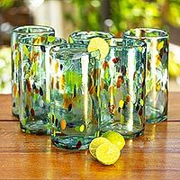 Blown glass tumblers, 'Sky Rainbow Raindrops' (set of 6)