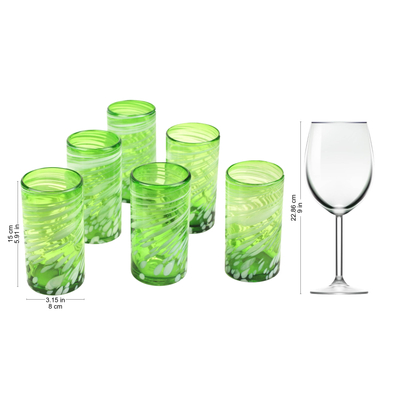 Handblown drinking glasses, 'Festive Green' (set of 6) - Set of 6 Handblown Green and White Drinking Glasses
