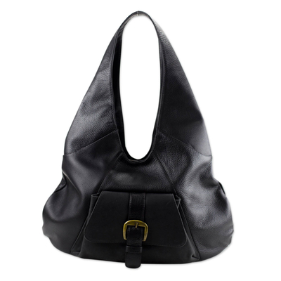 Mexican Black Leather Hobo Handbag - Capitalina | NOVICA