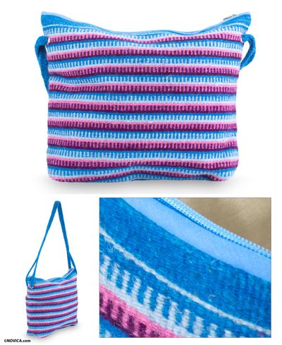 Wool shoulder bag, 'Clear Zapotec Skies' - Blue and Orchid Zapotec Wool Shoulder Bag