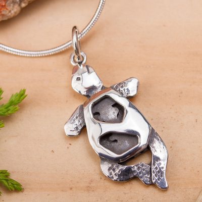 Sterling silver pendant necklace, 'Turtle in Motion' - Handcrafted Silver Turtle Necklace