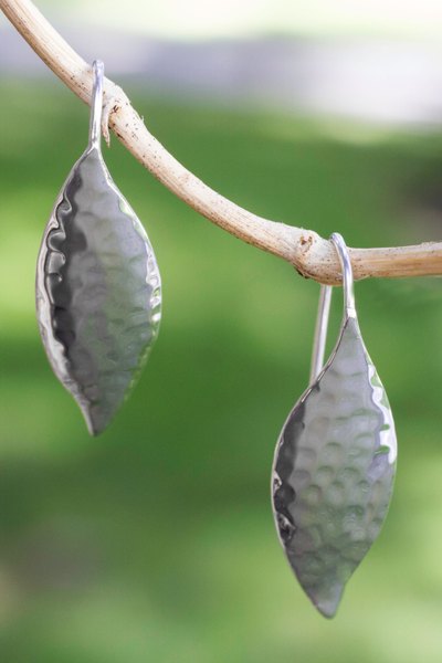 Sterling silver drop earrings, 'Dewy Leaves' - Taxco Silver jewellery Handcrafted Earrings