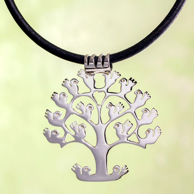 Leather pendant necklace, 'Tree of Birds' - Handcrafted Sterling Silver Pendant on Leather Necklace